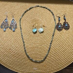 Bohemian 4 Pc Bundle- Green Beaded Necklace, 3 Pair Earrings.